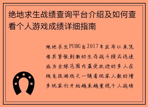 绝地求生战绩查询平台介绍及如何查看个人游戏成绩详细指南