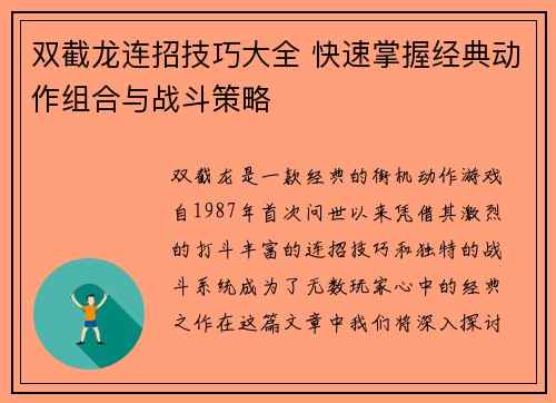 双截龙连招技巧大全 快速掌握经典动作组合与战斗策略