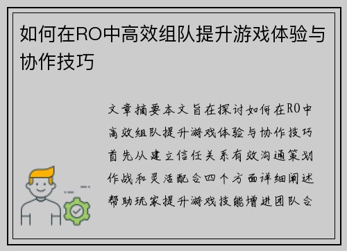 如何在RO中高效组队提升游戏体验与协作技巧